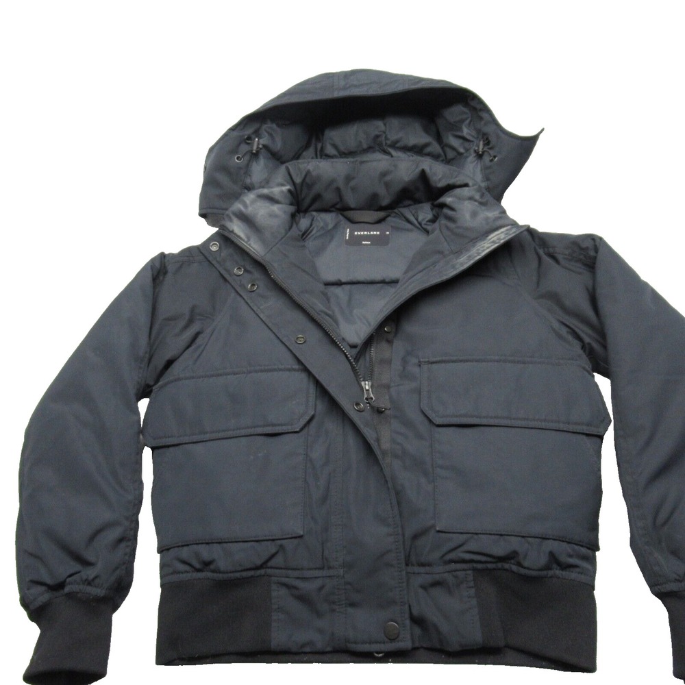 Everlane The ReNew Bomber Jacket Womens XS Blue Snap Hood Zip Primaloft READ